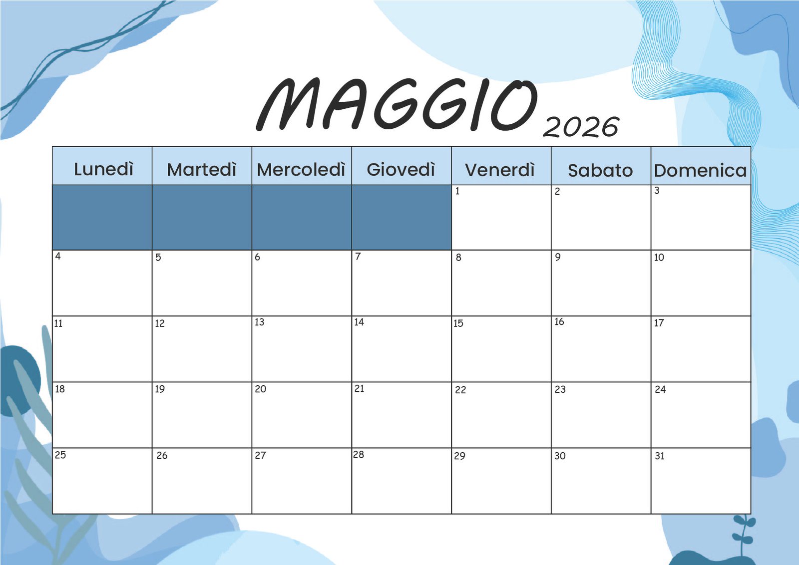 Calendario Maggio 2026 Da Stampare
